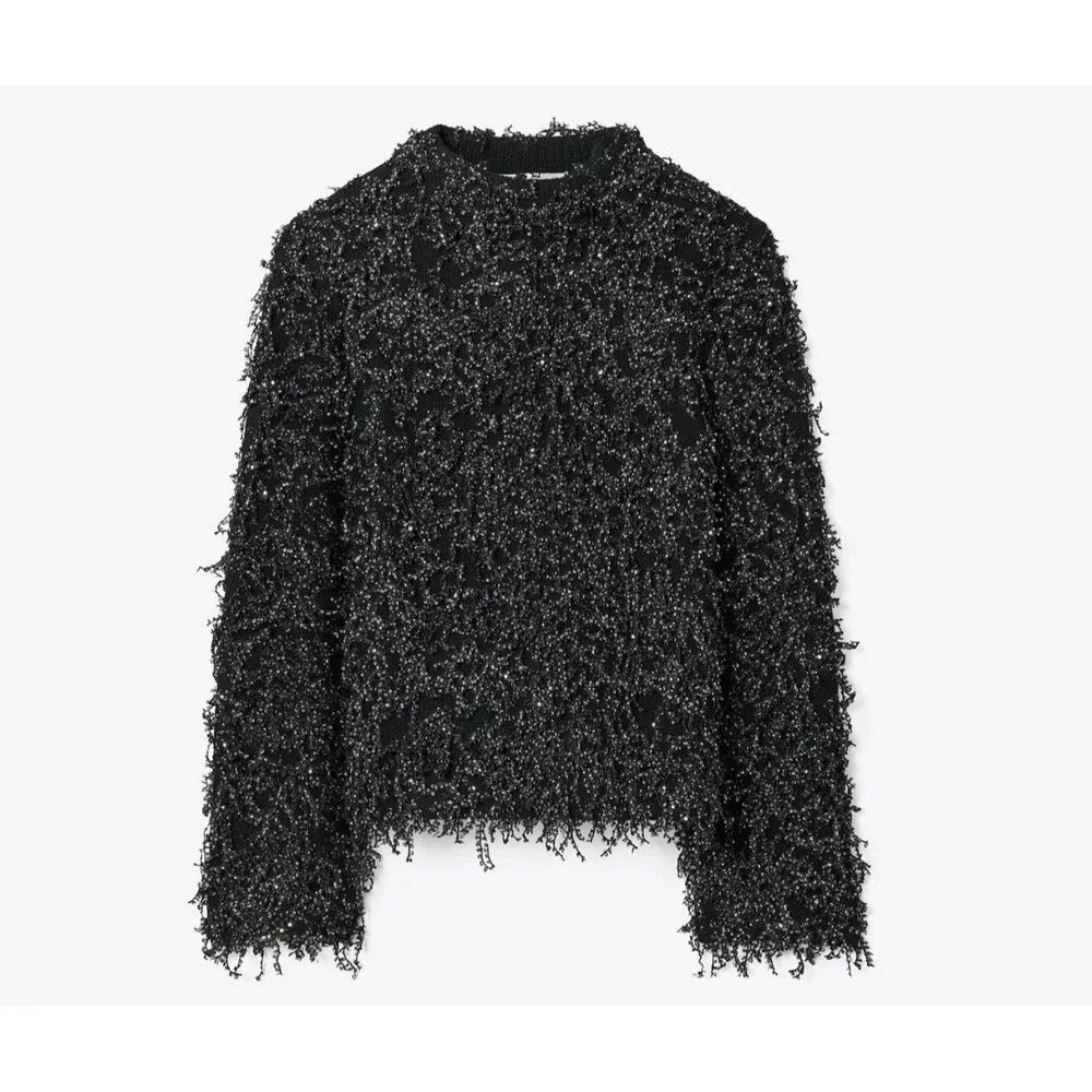 Tory Burch Iridescent Sequined Fringe Black Wool Sweater Sz Small